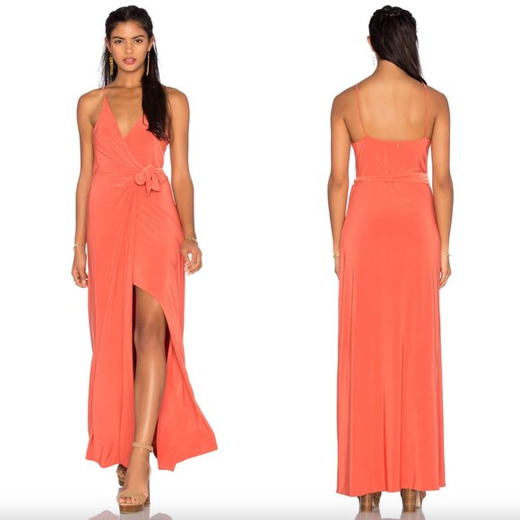 MISA Los Angeles Burnt Orange Veronika Wrap Slit Stretch Formal Maxi Dress Gown